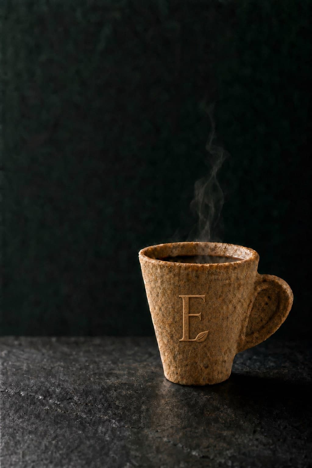 Taza comestible Ecotaza con café recién servido, en primer plano sobre fondo oscuro